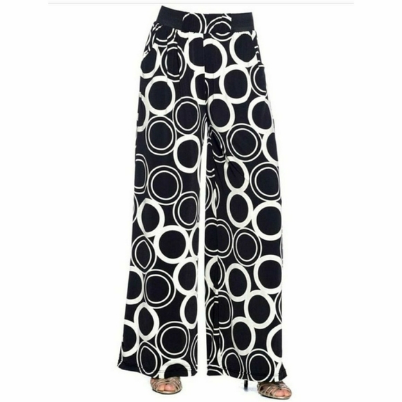 #PALAZZO PANTS--ONE SIZE-BLACK/WHITE CIRCLES - Picture 2 of 2